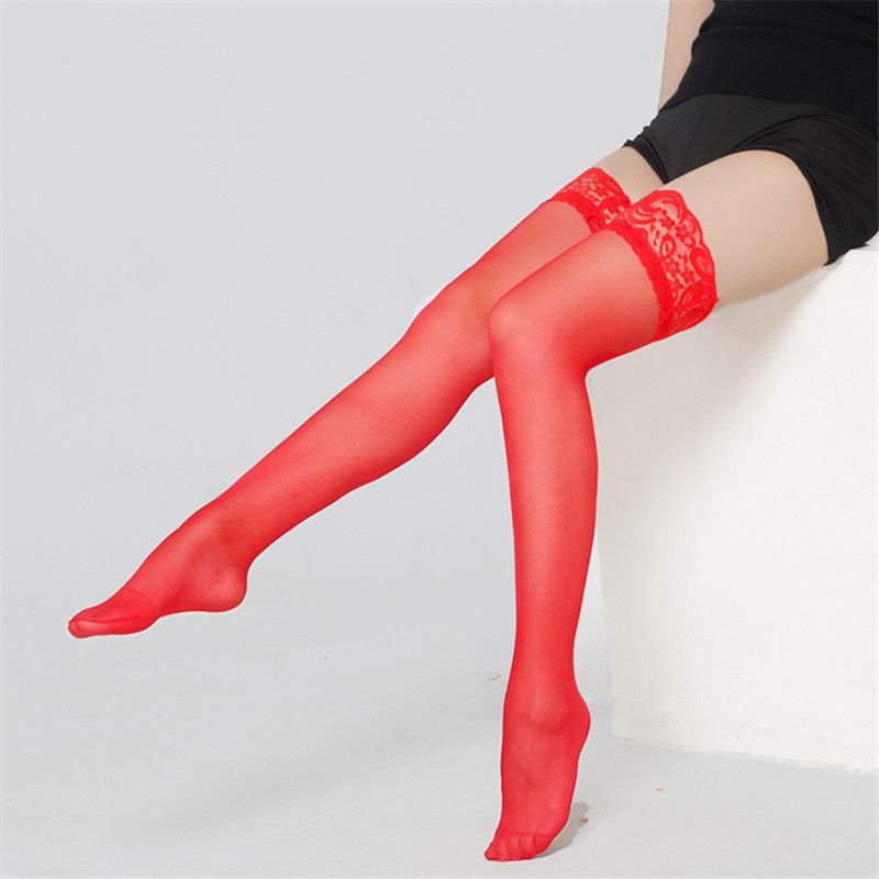 Red Lace Top Sheer Hold Ups Stockings 