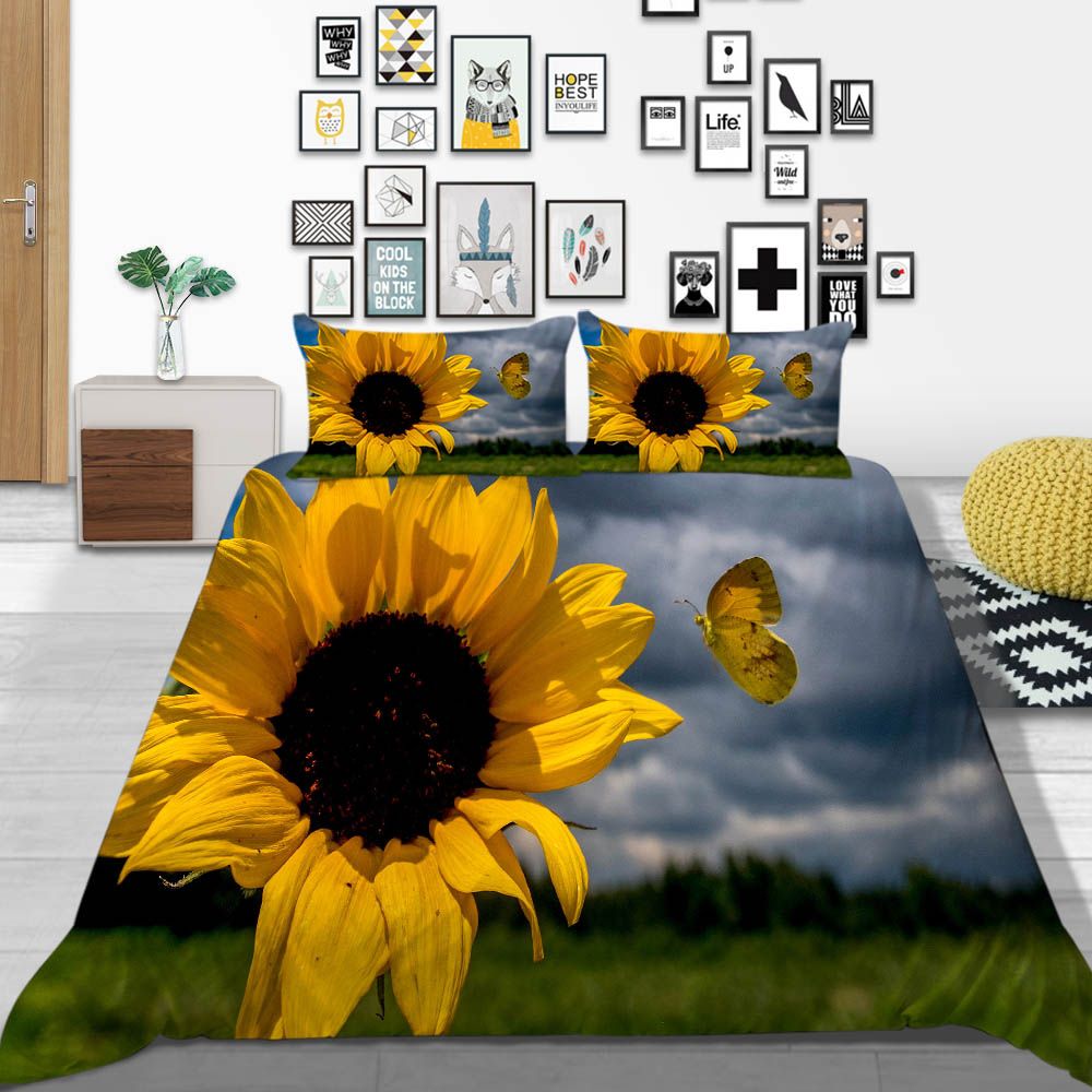 King Size Bedding Set Cloudy Day Simple Sunflower Duvet Cover
