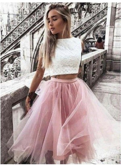 Dos piezas de graduación cortos vestidos de fiesta de encaje blanco rosa tul tul manga manga Dos piezas de graduación cortos vestidos de fiesta de encaje blanco rosa tul tul manga manga