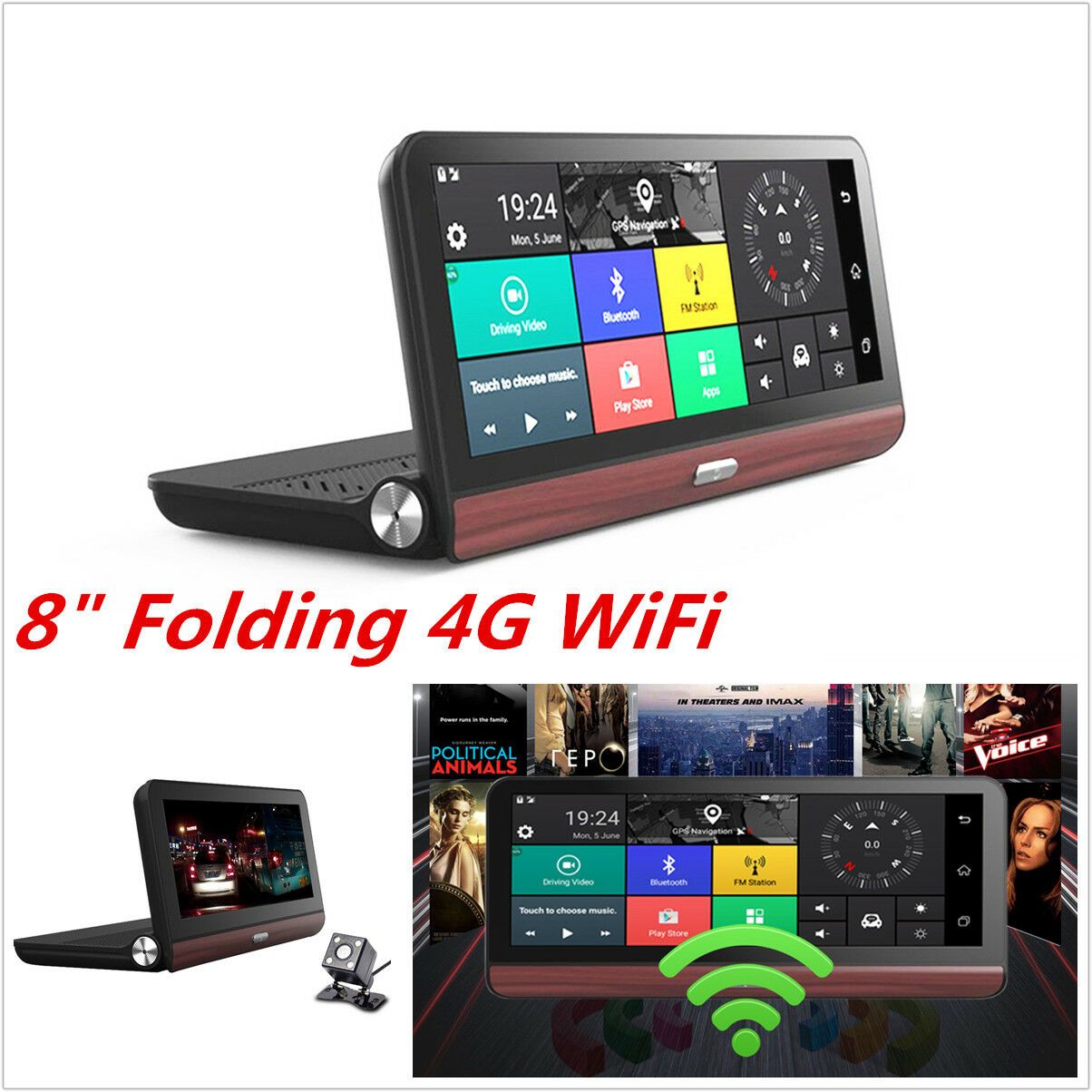 Folding 8“ 4G WiFi Car Dash Kit DVR Dual Camera GPS Navigation Free Map Android