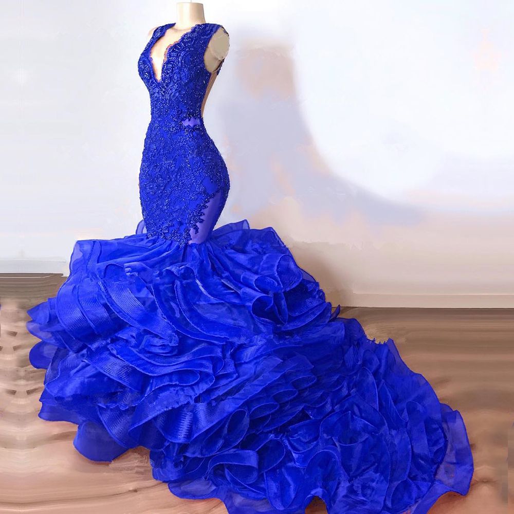 Sexy Royal Blue Mermaid Long Evening Dresses Tiered Organza V Neck ...