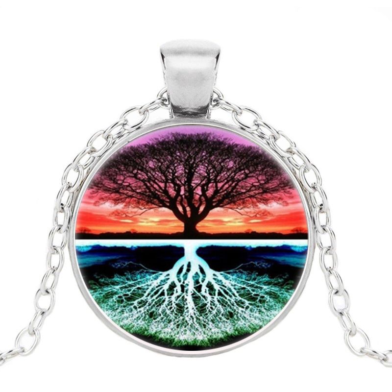 Tree Of Life Photo Cabochon Glass Tibet Silver Chain Pendant Necklace 
