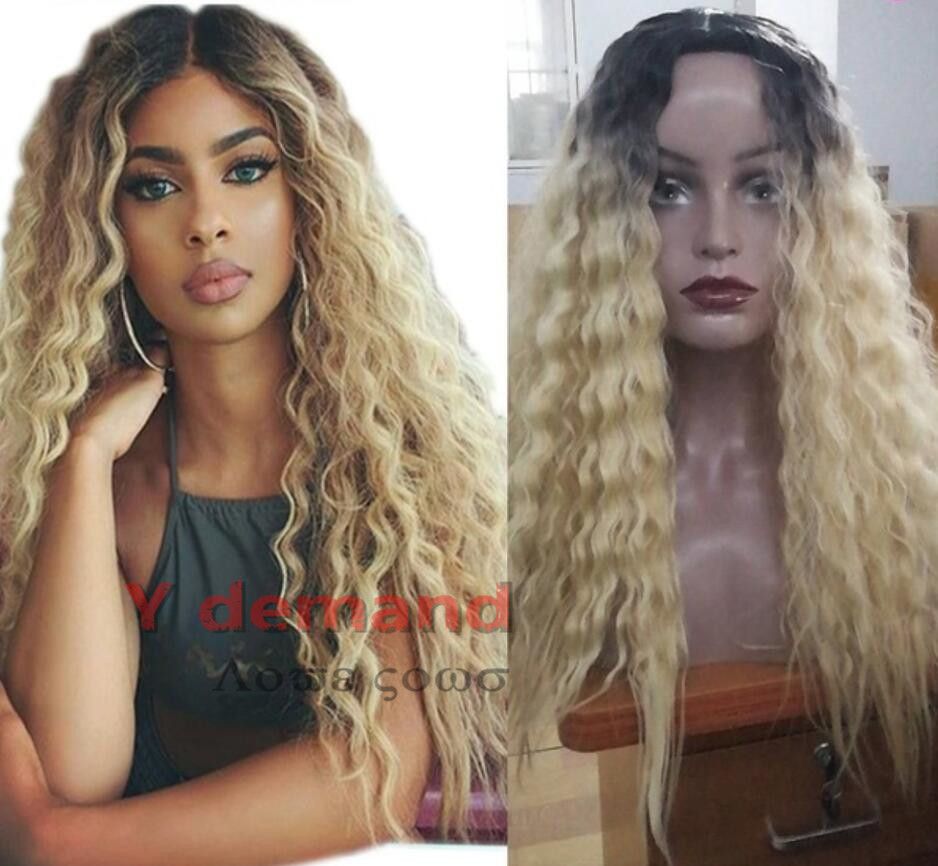 Y D Women Afro Long Kinky Curly Hair Wavy Wigs Gradient Blonde