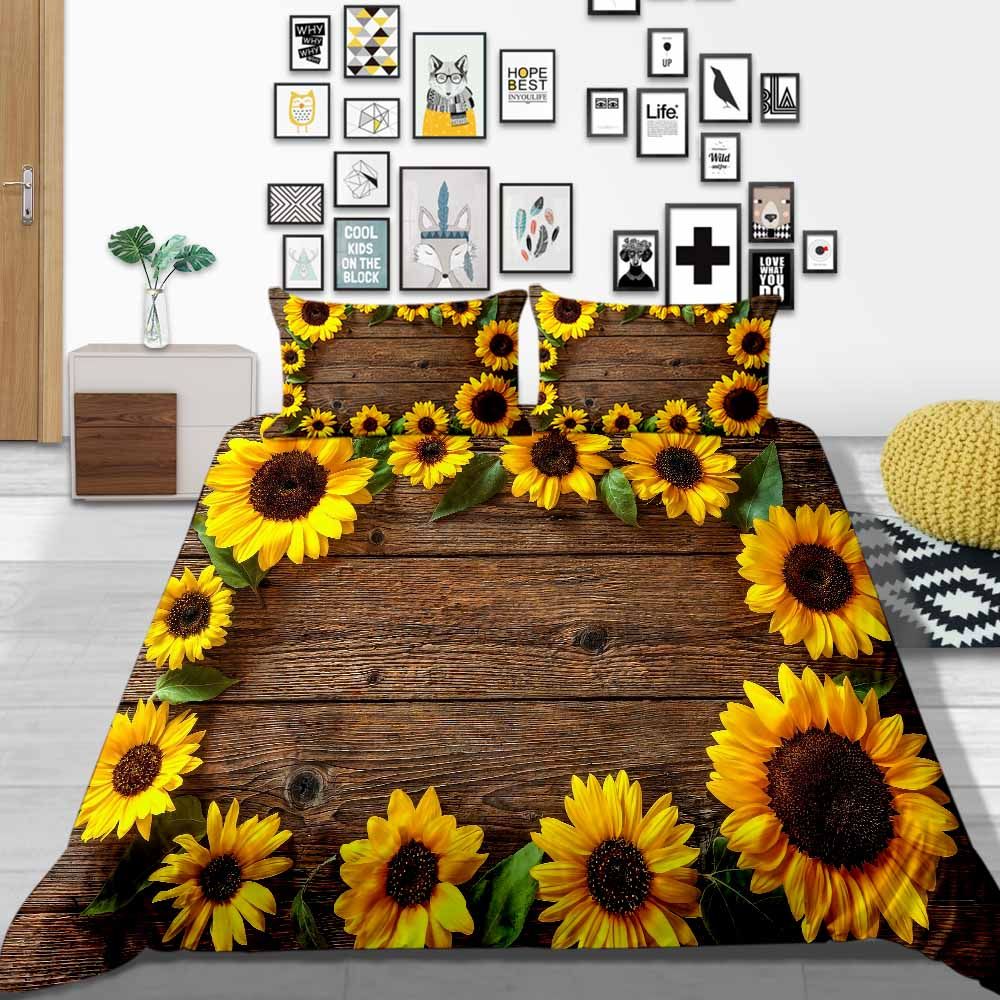 Sunflower Bedding Set King Simple Plank Retro Duvet Cover 3d