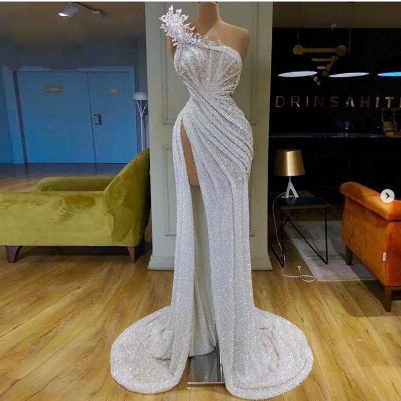 White Shiny Sequined Prom Dresses Sexy High Side Split Mermaid Evening ...