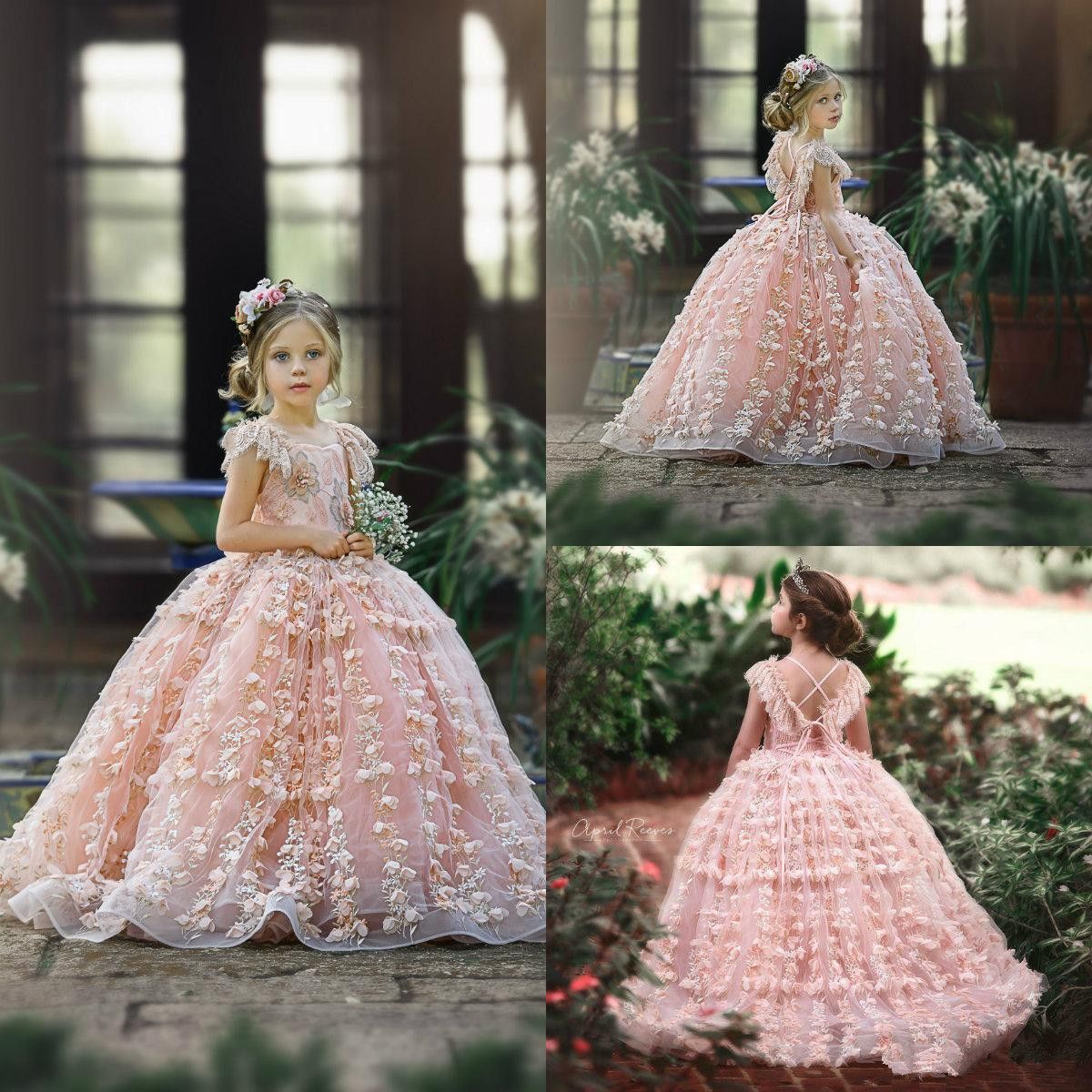 Flower Girls Pink Pearls Beaded Lace Dress Christmas Pageant Wedding Party 9058 