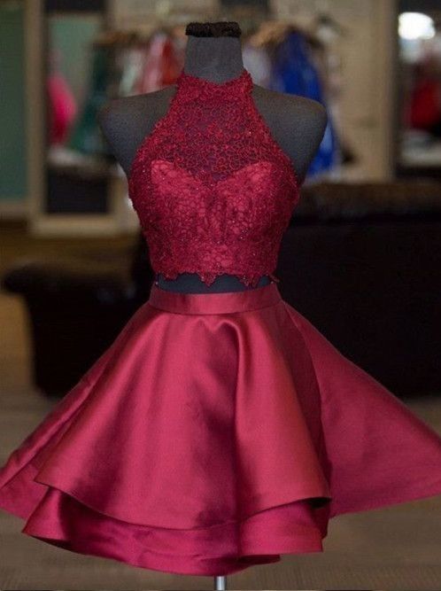 piezas de color borgoña cortos vestidos de baile 2019 capas de encaje cuello alto