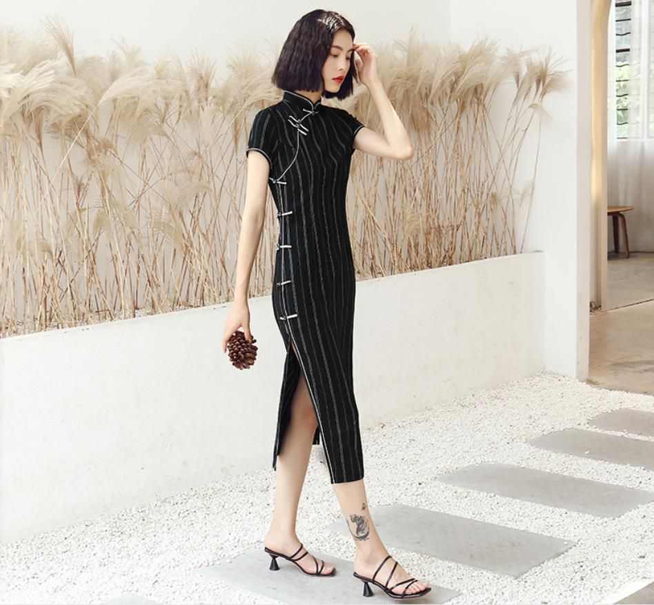 Acquista Cotone Lino Bande Verticali Tradizionale Cinese Qipao Cina Abito  Da Sera Corto Cheongsam Orientale Vintage Signora Elegante Abito Gonna Nera  A 36,29 € Dal Zibeike1115 | DHgate Italy