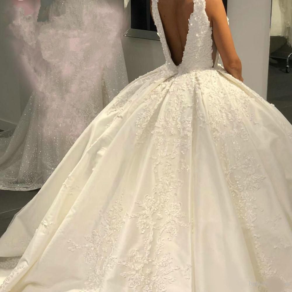 Dubai Arabic Satin Ball Gown Wedding Dresses Vintage Deep V Neck