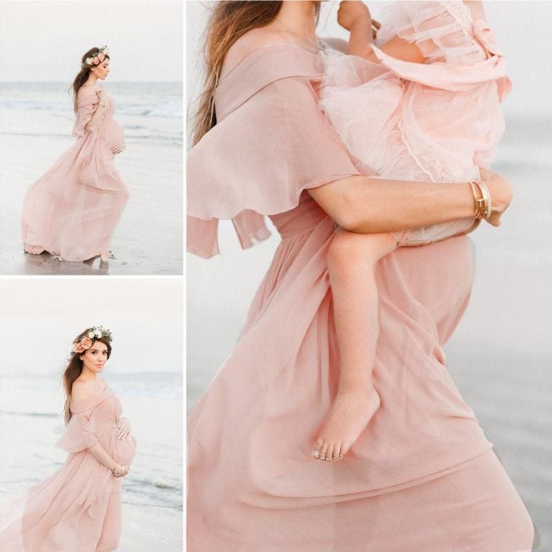 Moda Mujeres vestidos maternidad fotografía apoya manga corta vestido de volantes embarazo vestido