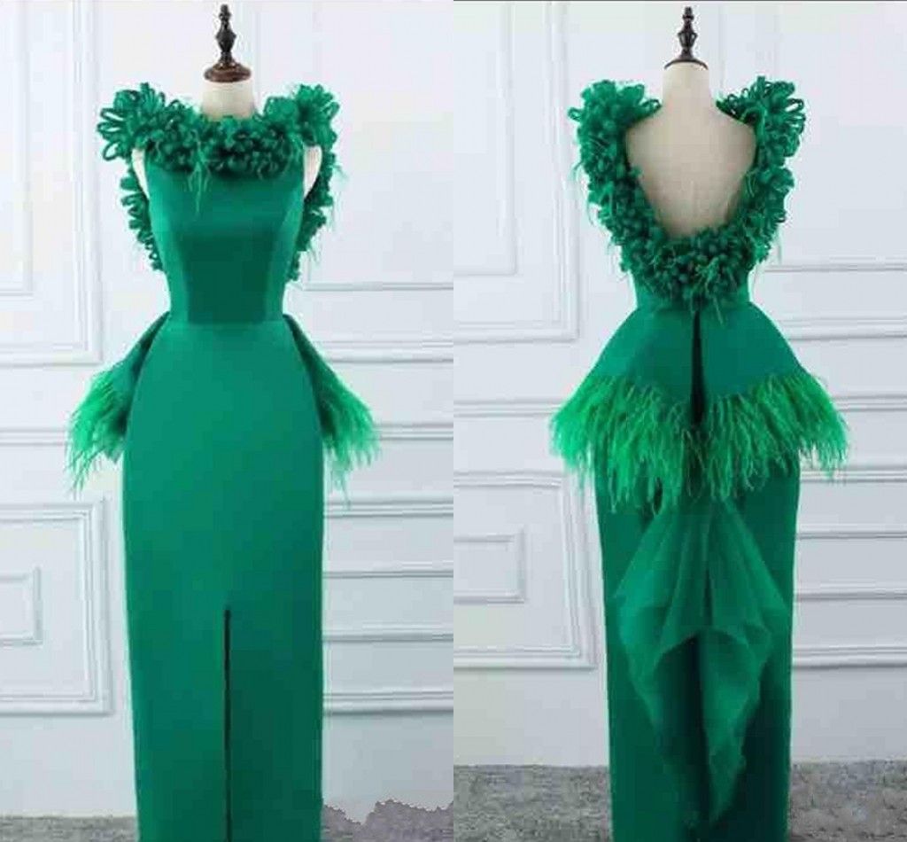 Green Feather Satin Formal Evening Dresses Front Split Sheath Backless