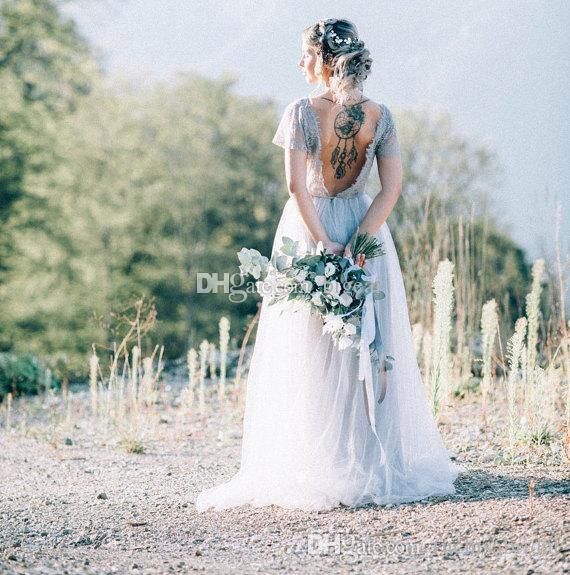 Discount Grey Modern Country Wedding Dresses Open V Back Gray Boho