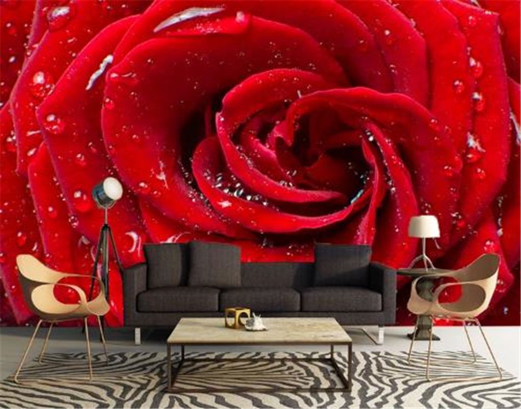 One big rose flower wallpaper mural on Residential Livingroom wall