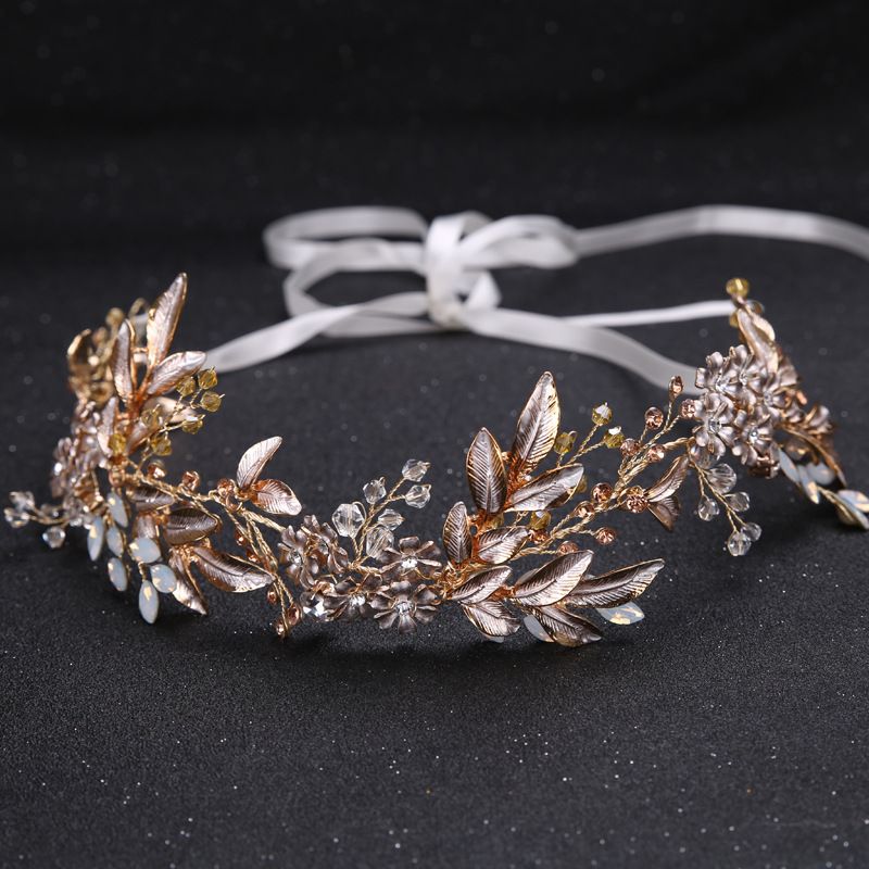 32 Cm Bridal Wedding Bride Rhinestone Flower Leaf Gold Headbands