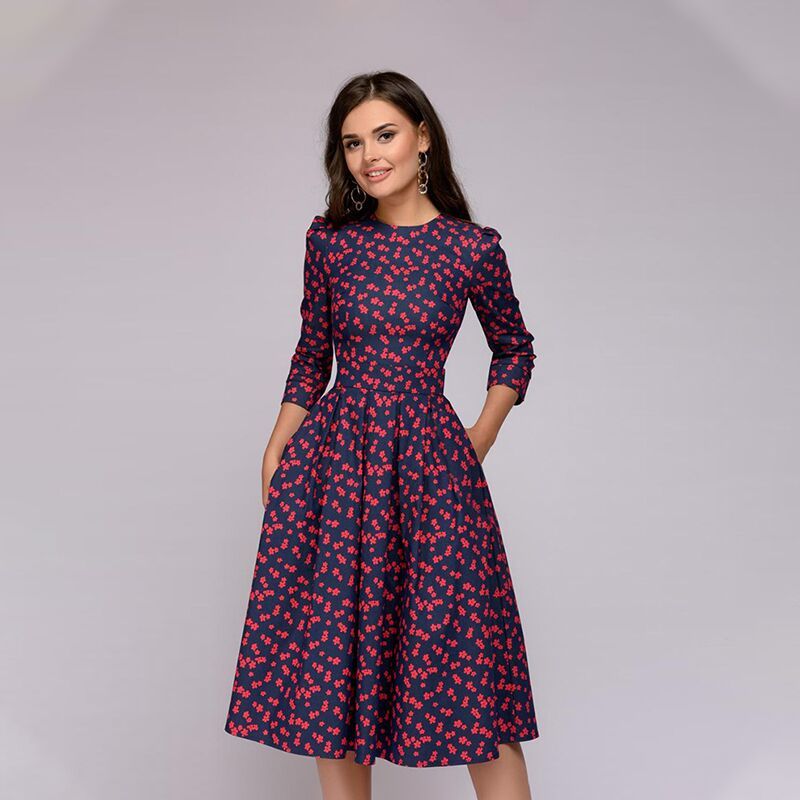 Vestido De Mujer Moda Casual Retro Impresión De Tres Cuartos Vestido De Mujer Moda Casual Retro Impresión De Tres Cuartos