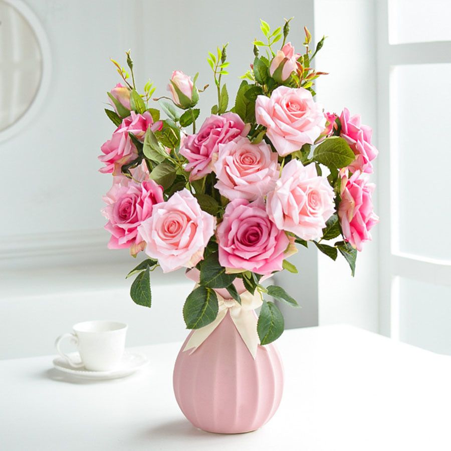 65cm Longo ramo 3 cabeças rosas grandes flores artificiais branca seda  cor-de-rosa grande flor