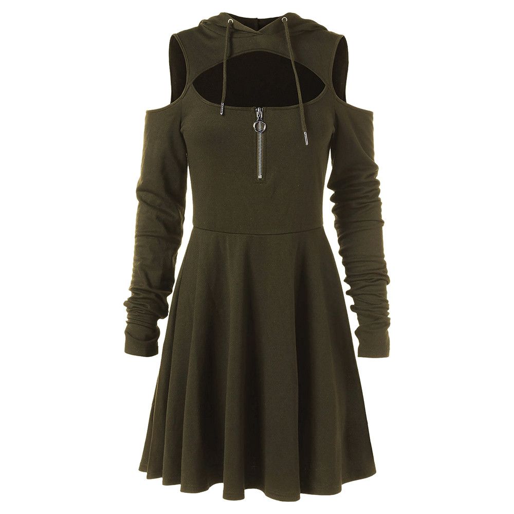 cold shoulder long sleeve hooded dress