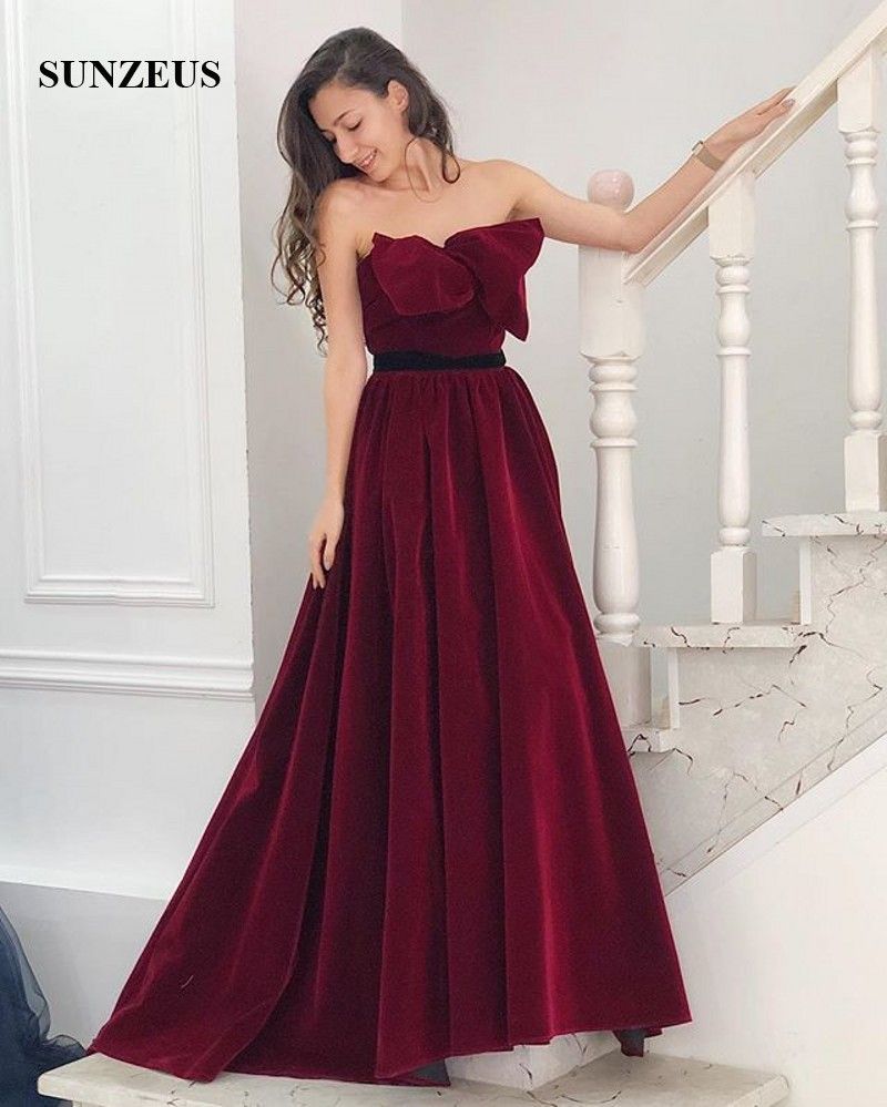 Line Strapless Velour Evening Dress Long Burgundy Formal Gowns With Bow Women Elegant Party Dress Vestidos Gala Largos From Sunzeusdress, $130.66 | DHgate.Com