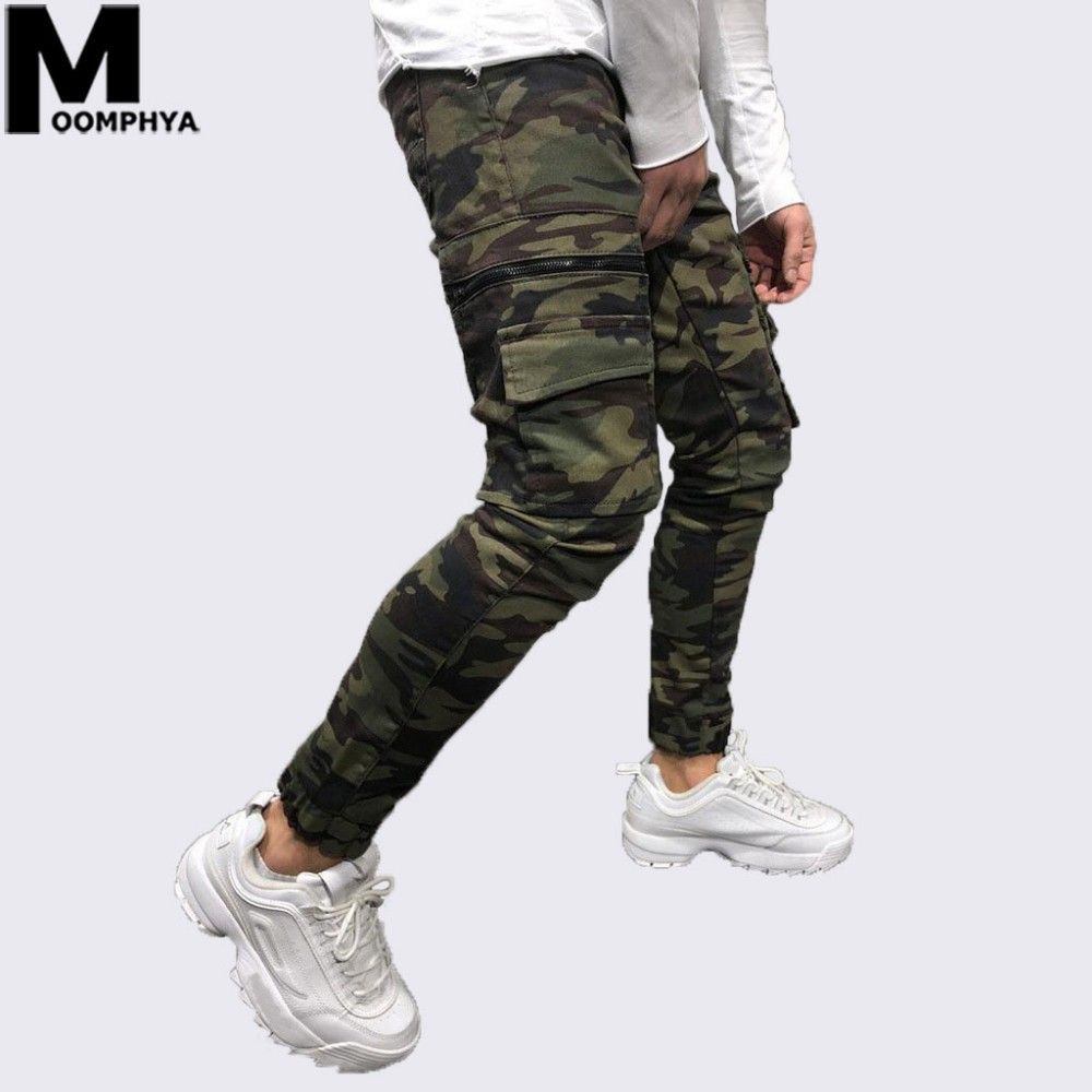 Camo Pocket Skinny Jeans Men Streetwear 