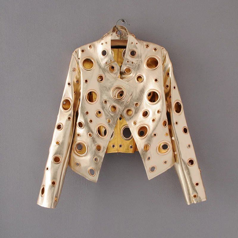 패션 새로운 여자 여성 패션 중공 금속 장식 가짜 가죽 바이커 클럽 재킷 짧은 코트 블랙 실버 골드