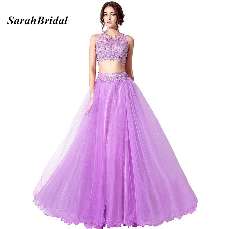 Cheap In Stock Lilac 2 Piece Prom Dresses With Lace Appliques Long Crop Top  And Skirt