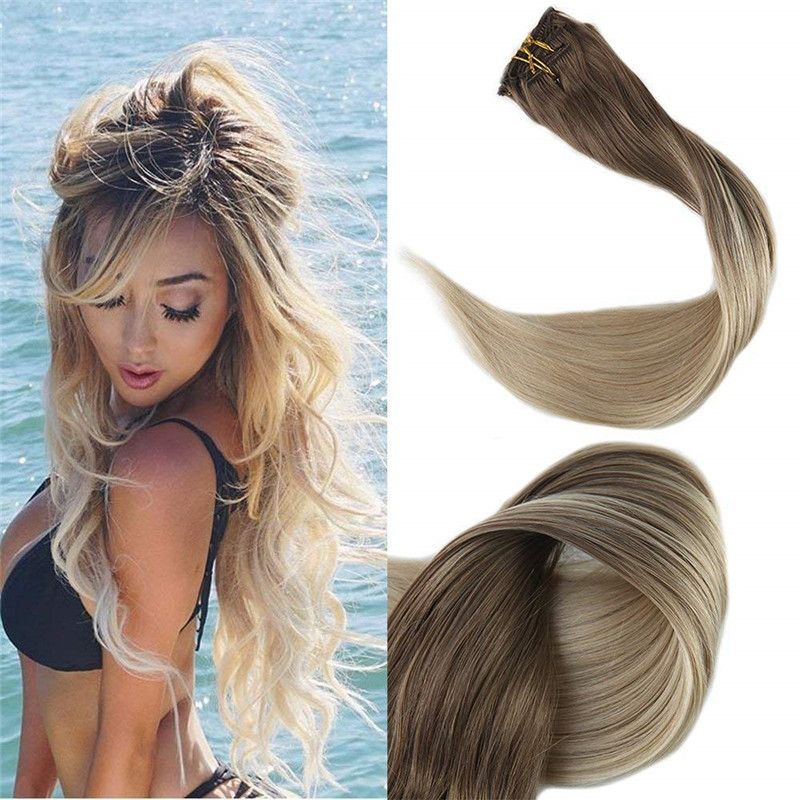 Clip In Hair Extensions Ombre Color 8 Light Brown Fading To 60
