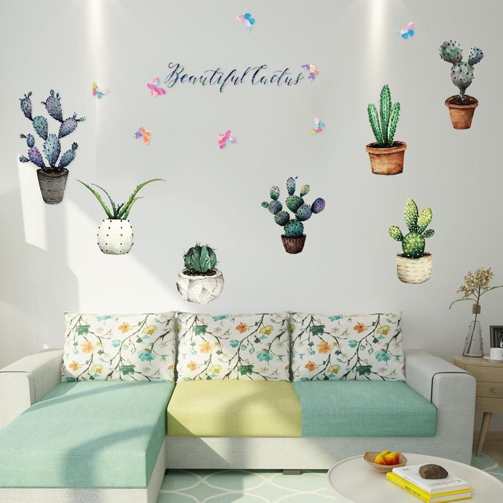 Pot Plant Cactus Wall Sticker Vinyl DIY Art Mural for Room Kitchen Glass Window 