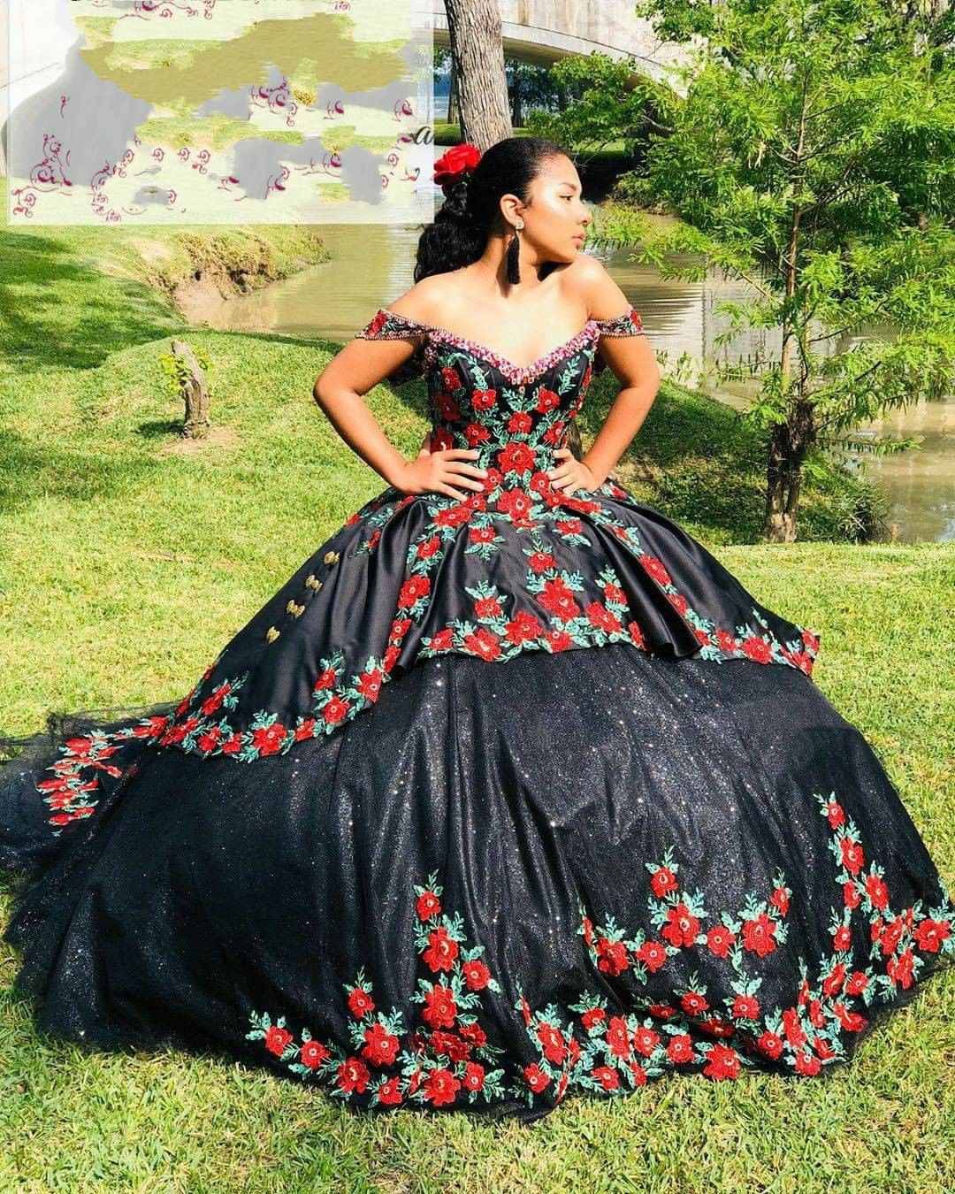 Sexy negro 3d flores florales quinceañera vestidos de fiesta 2022 de descuento con mangas con lentejuelas Sexy negro 3d flores florales quinceañera vestidos de fiesta 2022 de descuento con mangas con lentejuelas