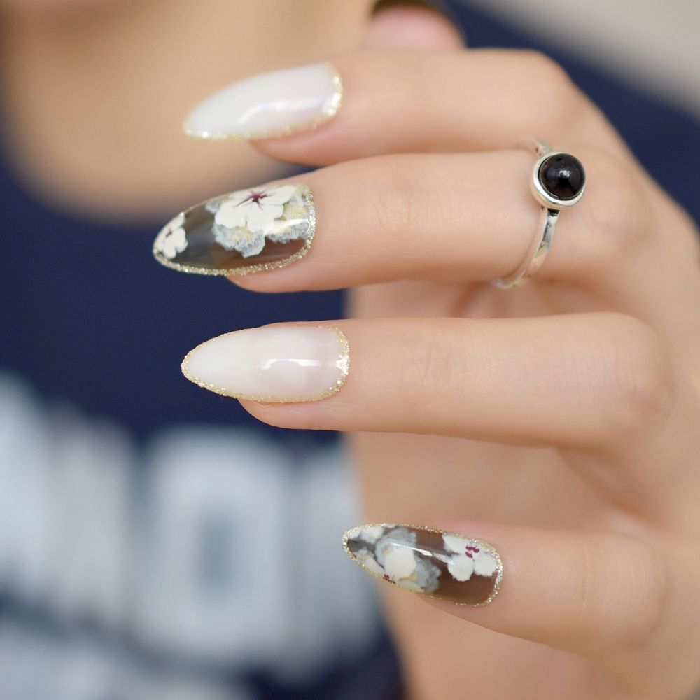 White Jade False Nails Stiletto Nails Flower Stamp Clear Black Silver