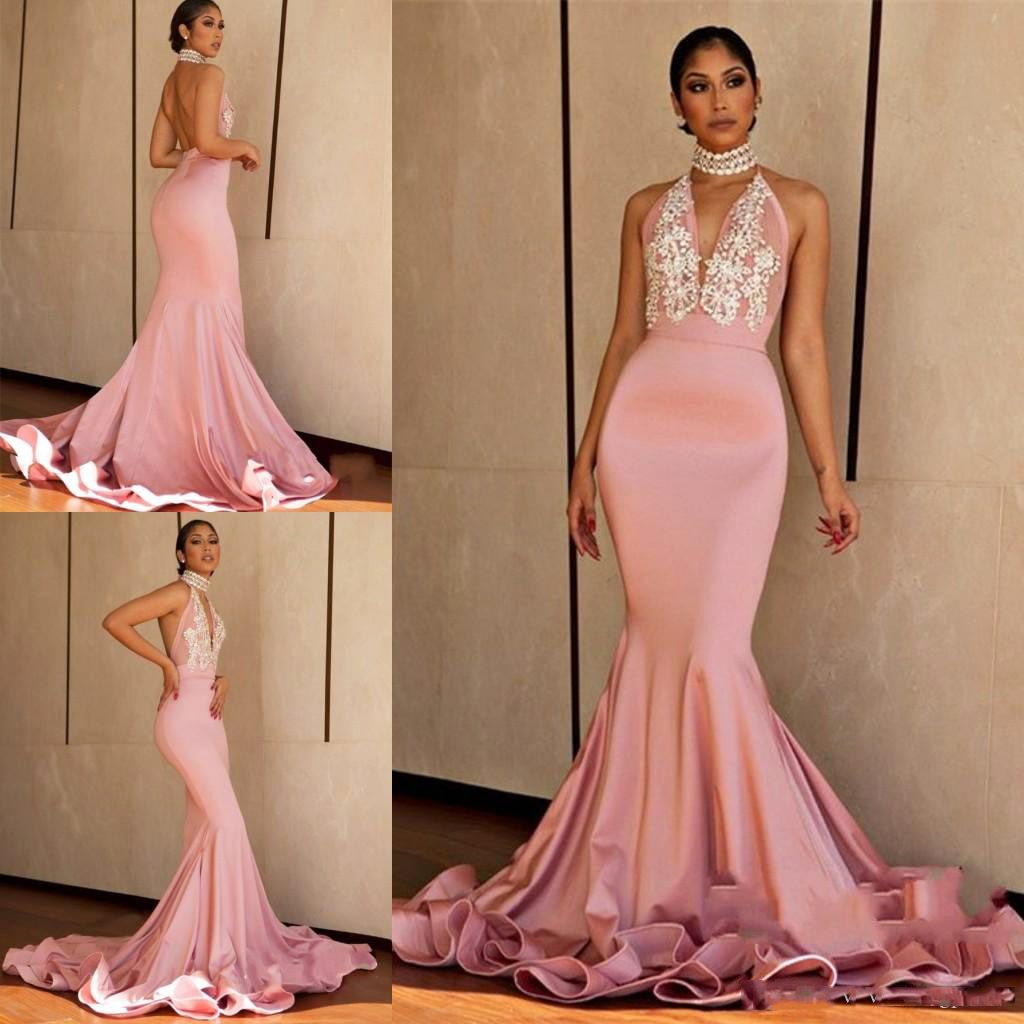 Pink High Waist Halter Mermaid Sheer Prom Dress Black Skin Lady