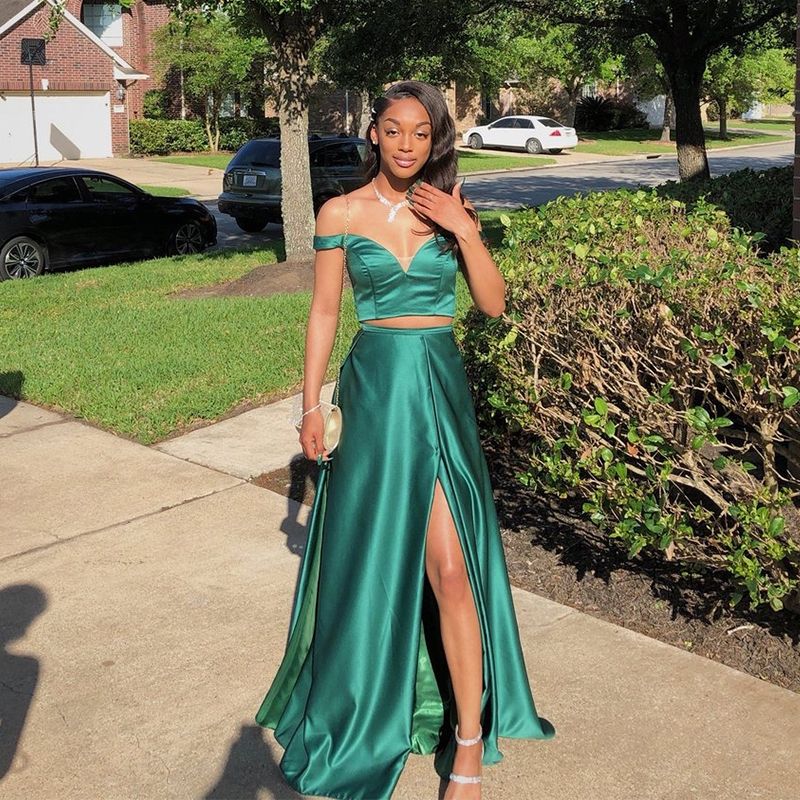 Dark Green Satin Prom Dresses Two 
