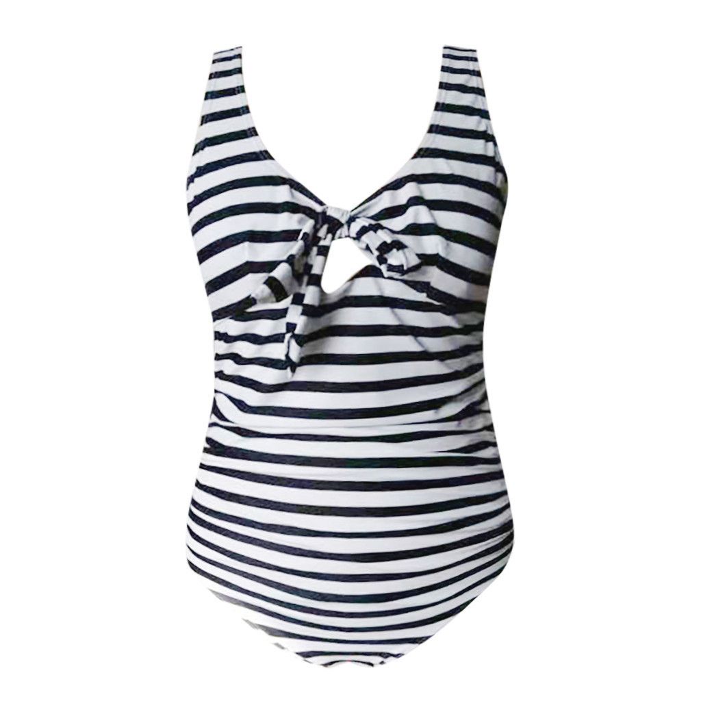 XXXITICAT Pregnant Women Maternity Stripe Elastic Plus Size Tankini Bikini Swimsuit with Chest Pad 