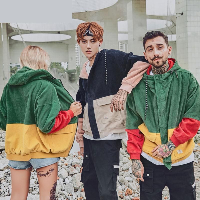 block patchwork corduroy hooded jacket