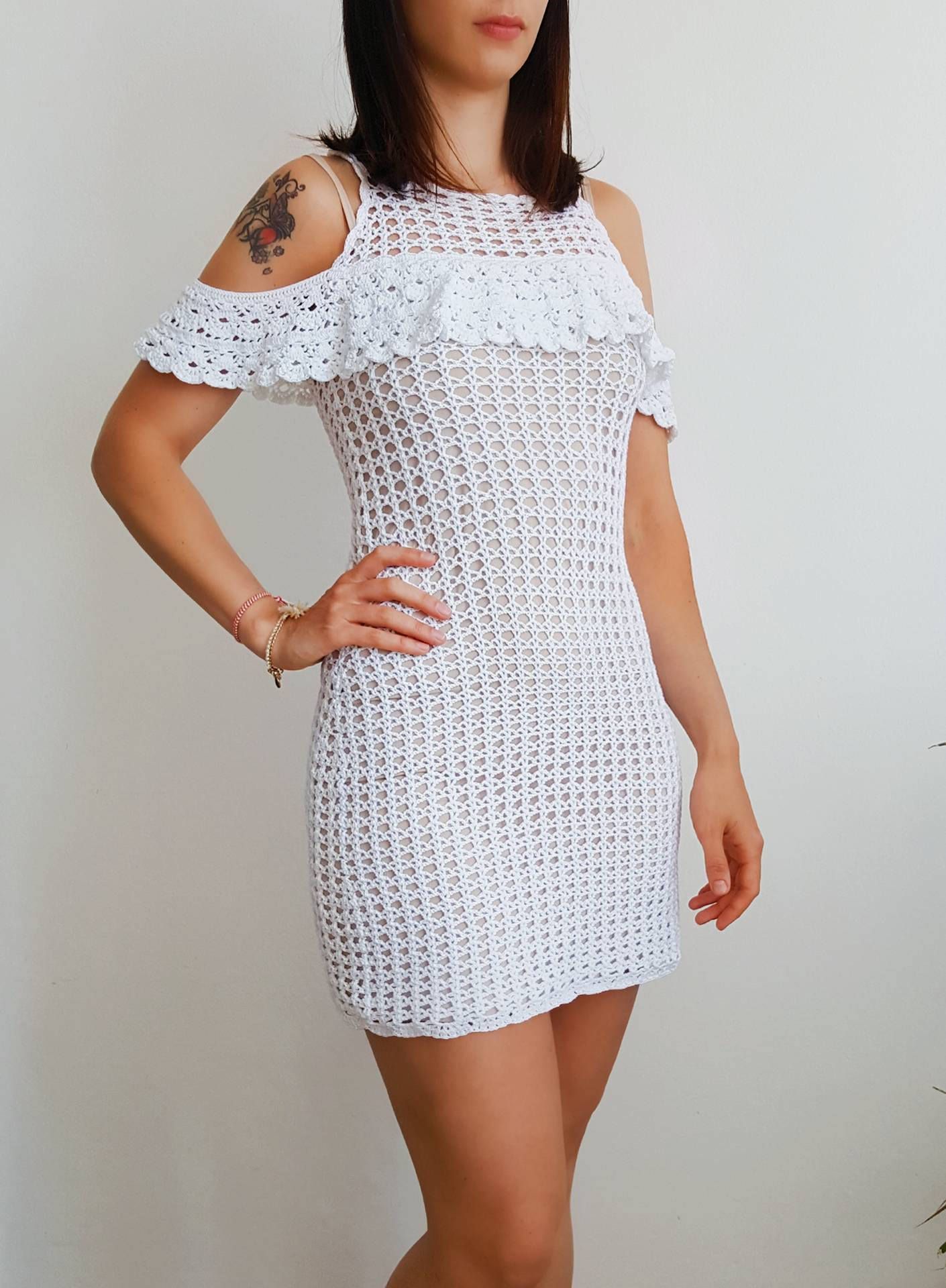white crochet off the shoulder dress
