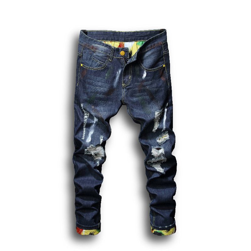 Moda para hombre pantalones vaqueros azul claro flaco roto jeans destruido agujeros con cremallera rectos