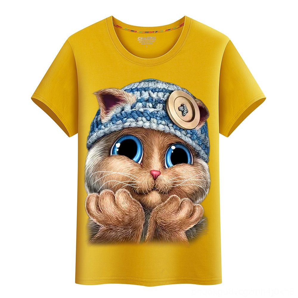 Manga Corta Con Cuello Redondo Y Estampado De Gato Con Dobla Manga Corta Con Cuello Redondo Y Estampado De Gato Con Dobla
