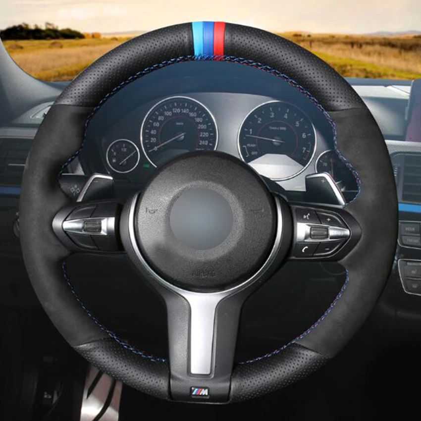 Black Natural Leather Black Suede Car Steering Wheel Cover For BMW F87