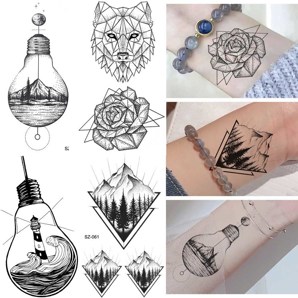 satin al erojen geometrik kurt gecici dovme geometrik cicek kadinlar vucut kol bilek dovme cikartma erkekler ampul su transferi tatoos tl28 82