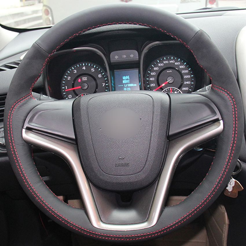 Black Genuine Leather Black Suede Steering Wheel Cover For Chevrolet