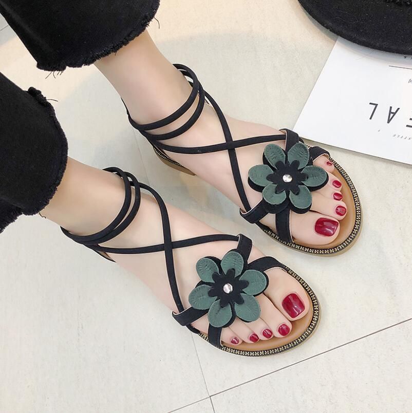 Sandalias romanas planas femeninas verano 2019 cremallera flores comercio exterior zapatos de mujer gran