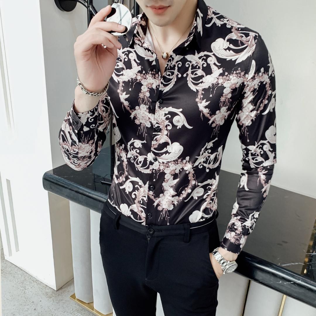 Men's Nightclub Slim Fit Casual T-shirts Floral Printed Long Sleeve Tops Fashion