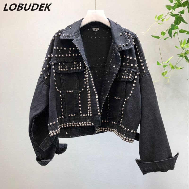 Mode Frauen Koreanische Dancer Nieten Oberbekleidung Art Schwarz Mantel Denim Rock Kurze Jean Jeansjacke Hip Blau Großhandel Lose Hop Lady Herbst Rot SMLVjzpGqU
