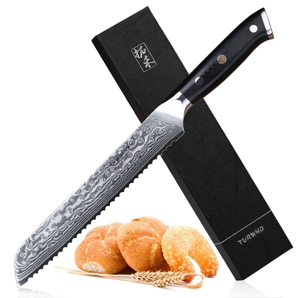 TURWHO Kitchen Bread Knife Serrated Japanese Damascus Stainless Steel Blade 8 Inch Chef Knives