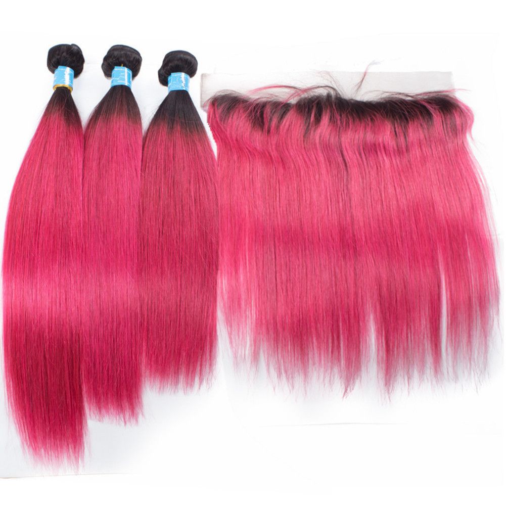 1b Pink Ombre Peruvian Human Hair Weave Bundles With Frontal Ombre Hot Pink Dark Root Straight Lace Frontal Closure 13x4 With 3bundles Wet N Wavy