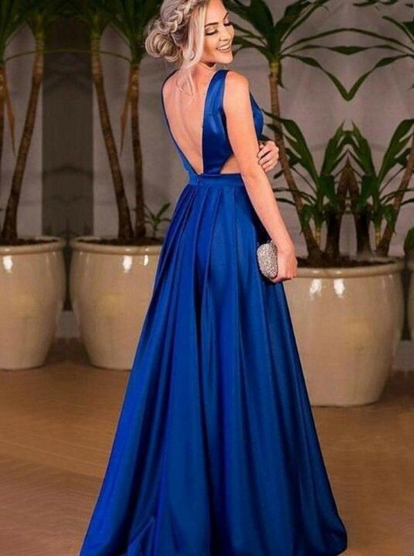 Azul marino 2019 Moda Vestidos noche elegantes Vestidos de con en V Vestidos