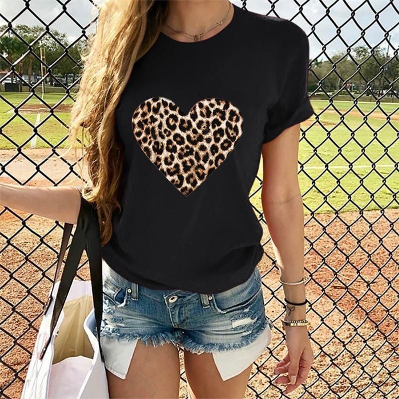 Leaf2you Womens Short Sleeve Shirts Valentines Day Buffalo Plaid Leopard Love Heart Printed T-Shirt O-Neck Tee Blouse Tops