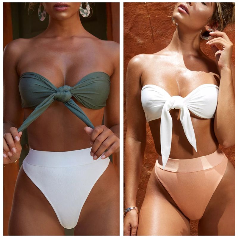 high waisted strapless bikini set