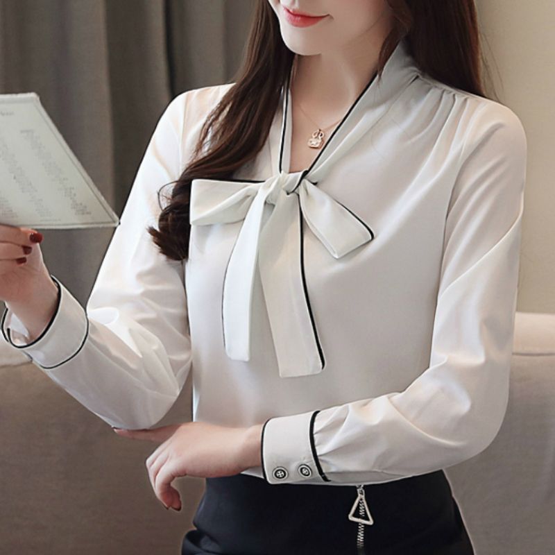 Moda mujer Tops blusas 2019 Bow V Collar Office Blusa Blusa Blanca Mujer Blusa