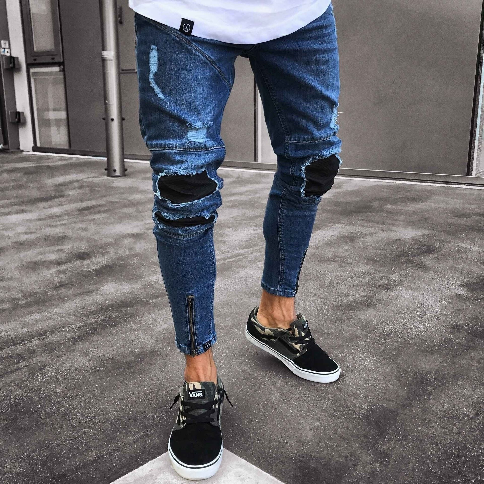 Compra Moda Hombre Denim Blue Jeans Parcheado Diseñador Macho Golpeador Del  Monopatín Del Motorista Vaqueros Lápiz Barato | Entrega Rápida Y Calidad |  Es.Dhgate