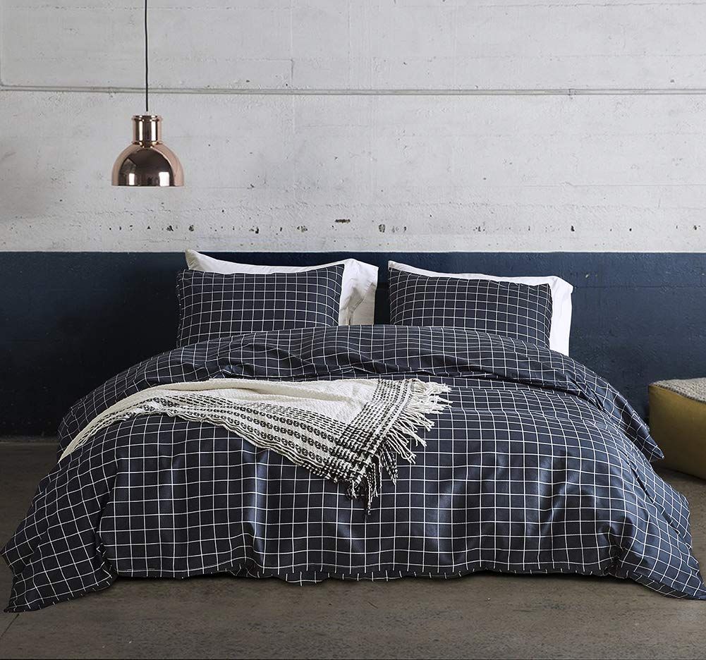 2020 Grid Bedding Queen Size Navy Blue Plaid Pattern Lightwhight